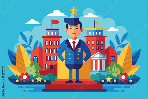 An ambassador in formal attire stands confidently among colorful buildings and greenery, Customizable semi-flat illustration for ambassadors.