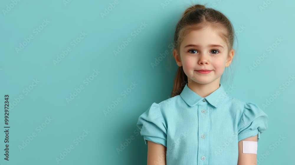 Side view of a young girl with a bandaid on her arm after receiving a vaccine shot, upper body shot Child Vaccine, Health and Wellness Side view of a young girl with a bandaid on her arm after receiving a vaccine shot, upper body shot Child Vaccine, Health and Wellness