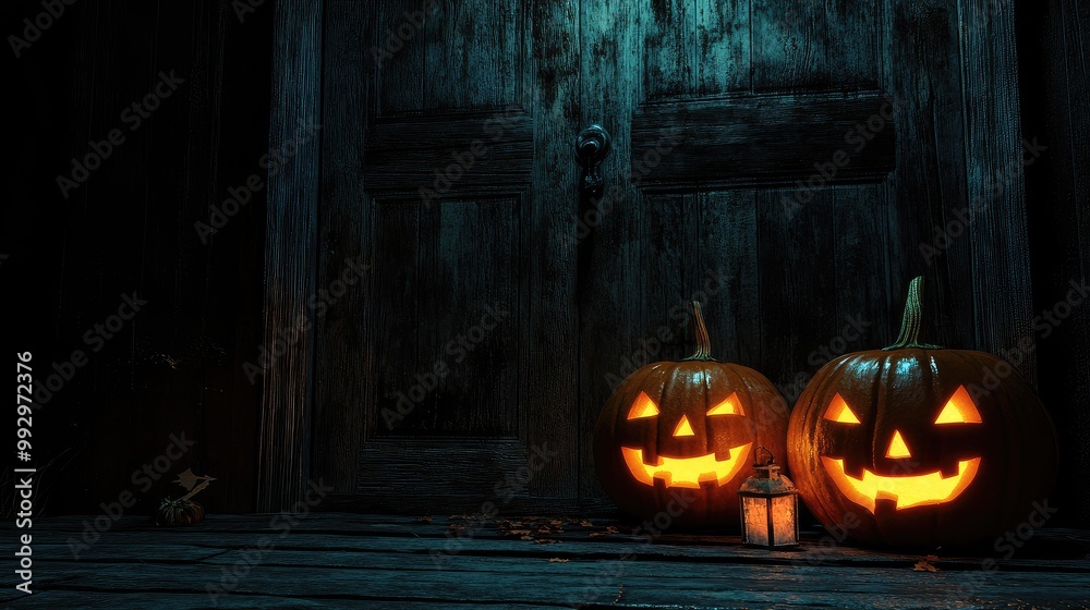 Obraz premium Carved pumpkins glowing in front of an old wooden door, dim lantern light. Space for text on the dark wooden background. No logo.