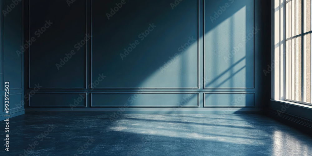 Modern empty room flooded with sunlight, creating geometric shadows on blue floor. A space full of potential for any creative vision. Mock up. Ready for product montage. Modern empty room flooded with sunlight, creating geometric shadows on blue floor. A space full of potential for any creative vision. Mock up. Ready for product montage.