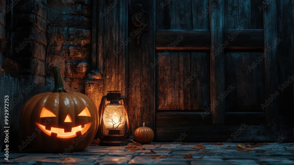Obraz premium Carved pumpkins glowing in front of an old wooden door, dim lantern light. Space for text on the dark wooden background. No logo.