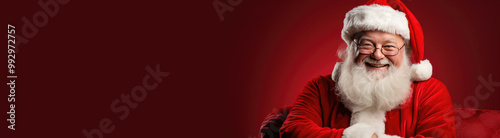 Santa Claus smiles in a festive red suit, radiating joy and warmth for christmas. Banner. Copy space