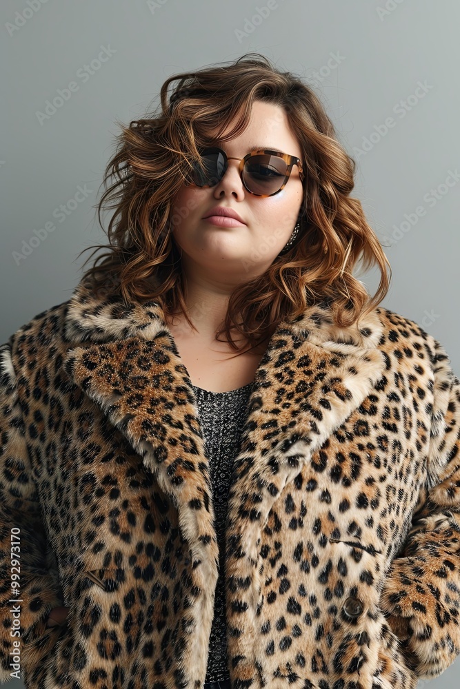 An attractive plus-size young woman wearing a leopard print fur coat and sunglasses poses against a gray background An attractive plus-size young woman wearing a leopard print fur coat and sunglasses poses against a gray background
