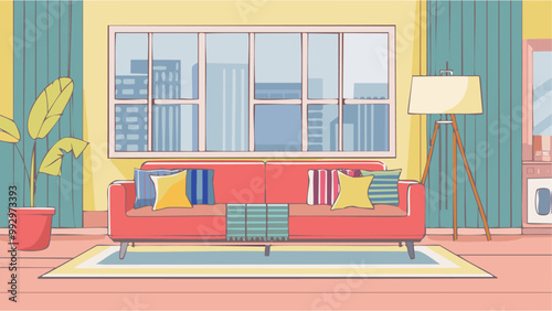 Living room with red sofa