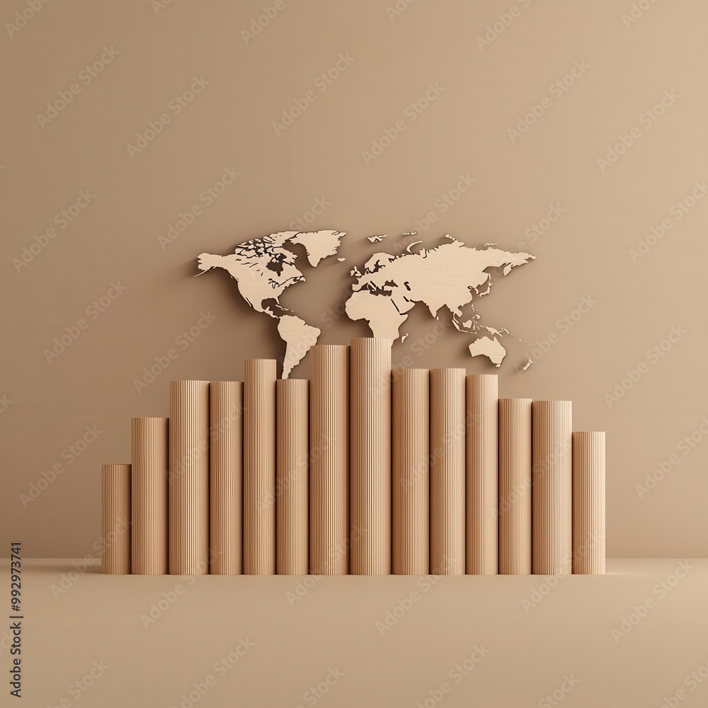 Obraz premium 3D bar graph with world map on beige background