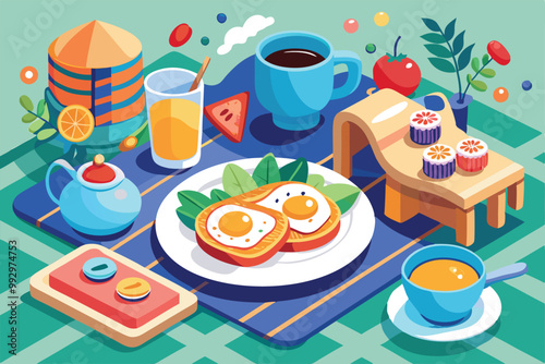 A colorful breakfast spread features eggs, fruits, drinks, and pastries arranged on a cozy table setting, Customizable Semi Flat Illustration for breakfast