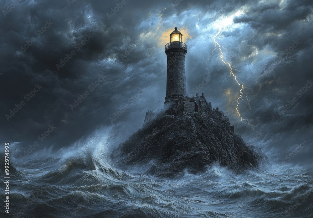 A lone lighthouse stands tall against a stormy sea, its light a beacon in the darkness. A lone lighthouse stands tall against a stormy sea, its light a beacon in the darkness.