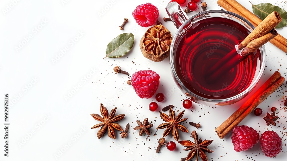 Mulled wine infused with raspberry, cinnamon, and dried clove buds, set against a white background Mulled wine infused with raspberry, cinnamon, and dried clove buds, set against a white background