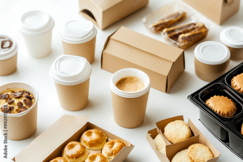 Composition of eco friendly items arranged in a flat lay. Carton compostable products over white
