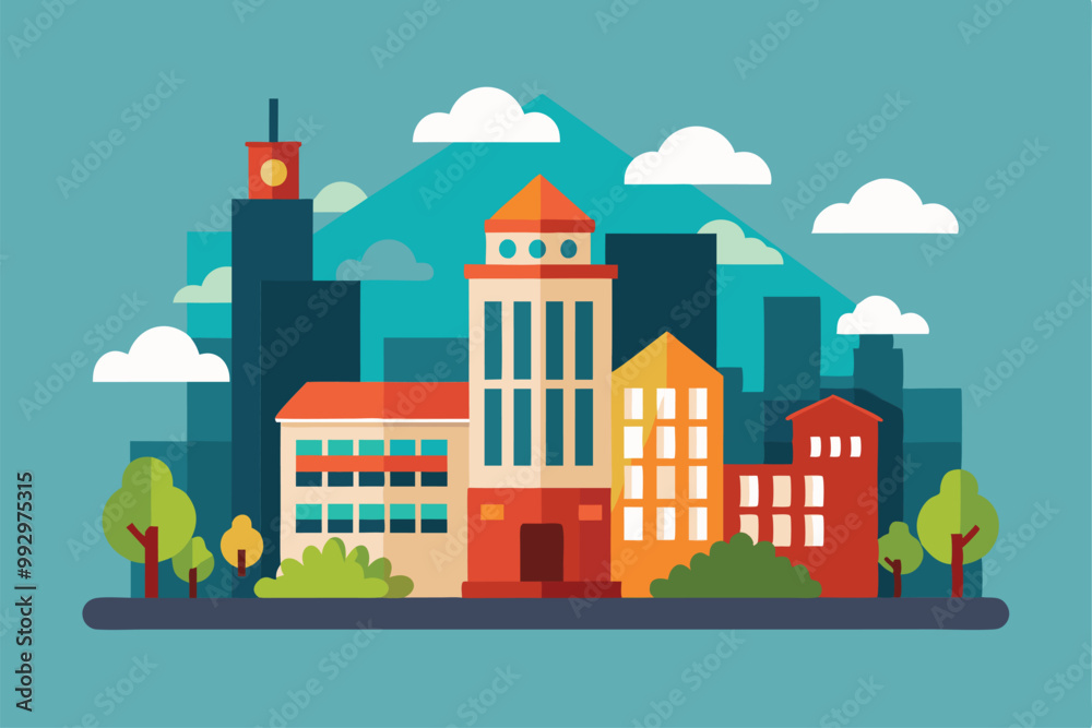 Colorful buildings of various styles and shapes are illustrated in a lively urban landscape with trees, Customizable Semi Flat Illustration for buildings Colorful buildings of various styles and shapes are illustrated in a lively urban landscape with trees, Customizable Semi Flat Illustration for buildings