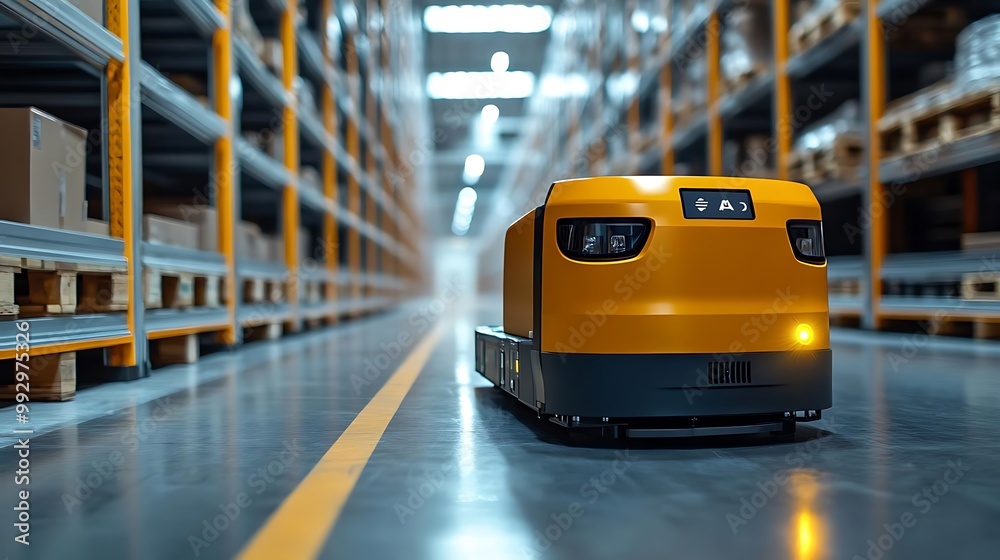 Autonomous Mobile Robot Navigating Warehouse 3D Illustration