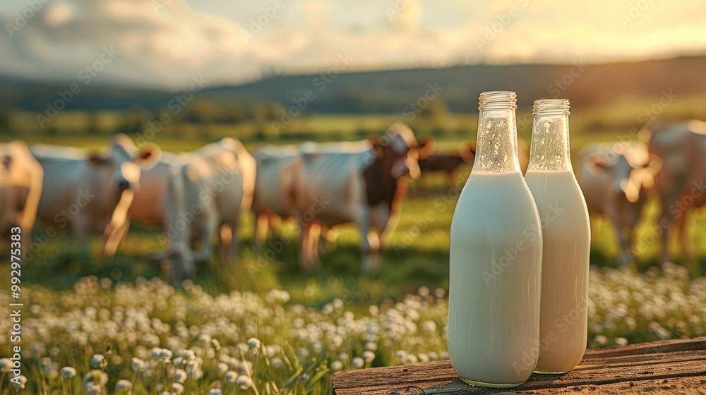 A glass bottles with fresh milk standing on a wooden table against the backdrop of nature. The cows in the background. Generative AI. A glass bottles with fresh milk standing on a wooden table against the backdrop of nature. The cows in the background. Generative AI.