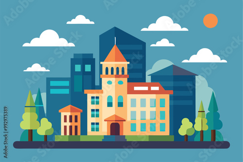 A vibrant illustration showcasing a mix of traditional and modern buildings surrounded by trees and soft clouds, Customizable Semi Flat Illustration for buildings