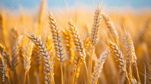 Wheat field with the sun. Golden wheat ears close-up. A fresh crop of rye