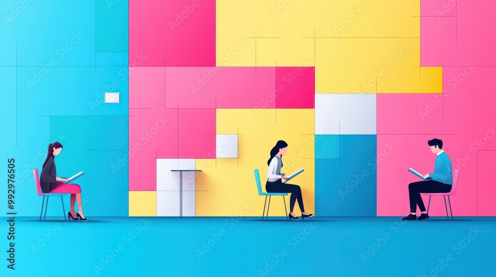 Quiet library, people reading, peaceful mood, flat design illustration Quiet library, people reading, peaceful mood, flat design illustration