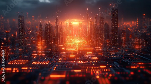 Cyber city imagery showcases digital technology, information security, and neural network connections in a 3D futuristic world.