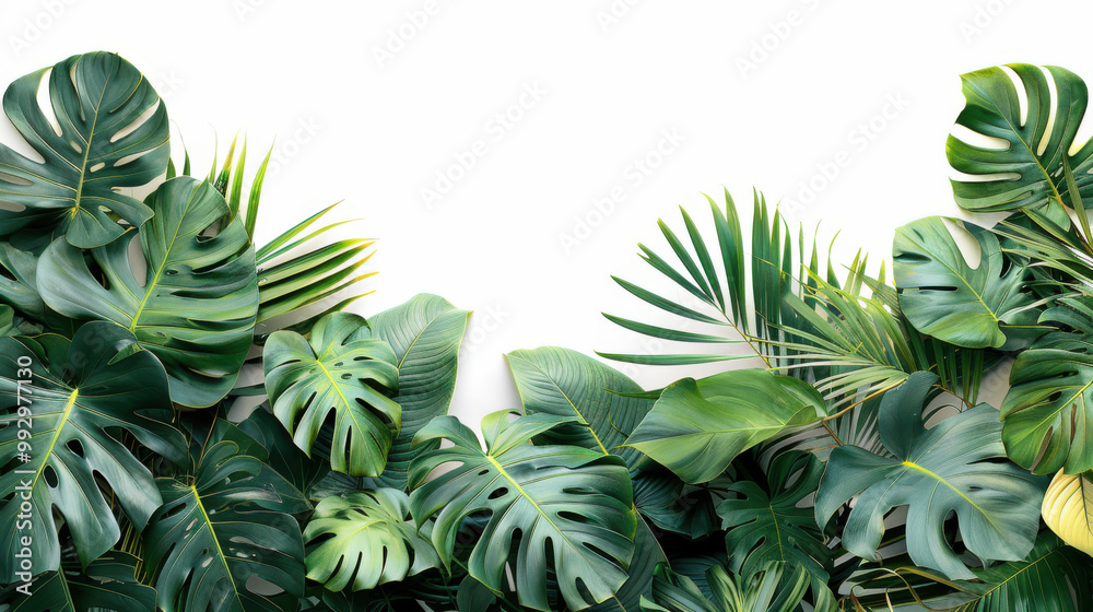 Obraz premium Green flat lay tropical palm leaf branches on white background. Room for text, copy