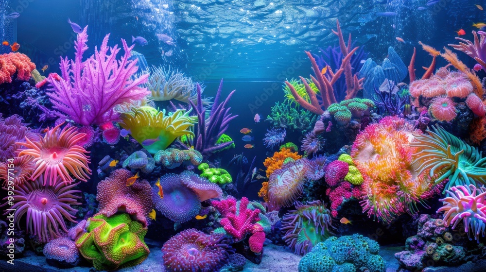 Obraz premium Coral Reef Exhibit: A colorful underwater tableau featuring corals, anemones, and sponges, with clownfish and wrasses thriving in a simulated reef environment. 