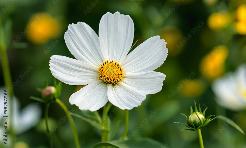 Close-up of a single white cosmos flower with a yellow center, blurred green background and other flowers out of focus. Close-up of a single white cosmos flower with a yellow center, blurred green background and other flowers out of focus.