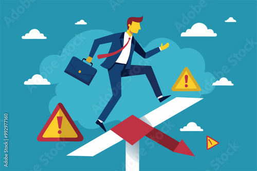 A businessman in a suit balances on a seesaw amid warning signs while holding a briefcase, Customizable semi flat illustration for business risk.