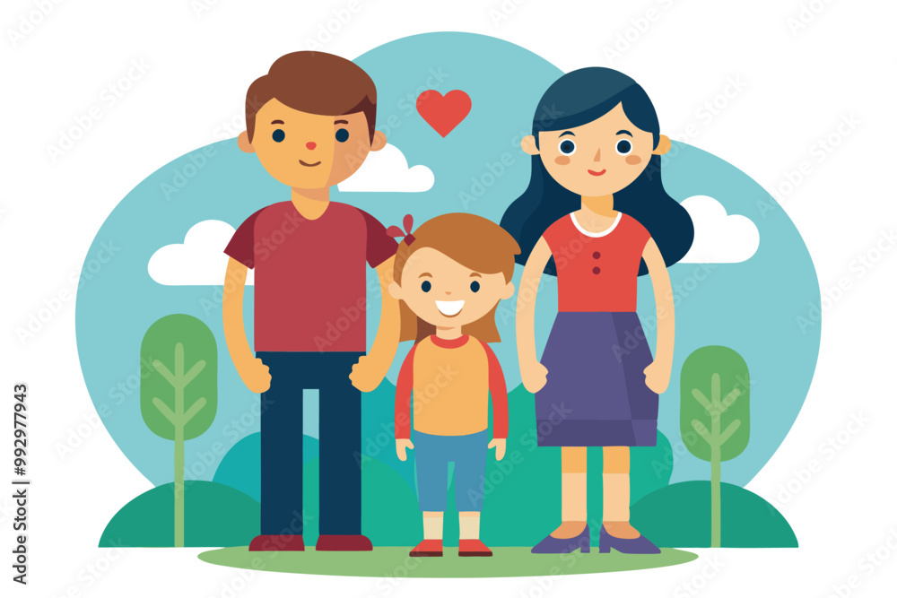 A cheerful family stands together in a park, holding hands, surrounded by trees and a sunny sky, Customizable Semi Flat Illustration for Child Adoption