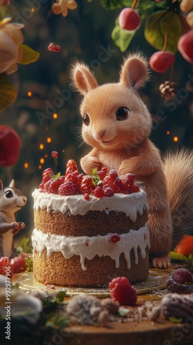 A cute squirrel decorates a delicious cake topped with fresh raspberries in a whimsical, enchanting forest setting. photo