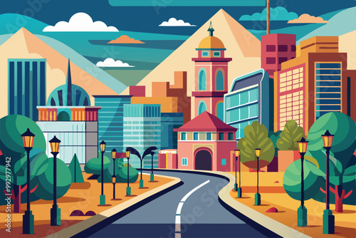 A vibrant cityscape shows a winding road lined with trees and lampposts, leading to modern buildings under a sunset sky, Customizable semi-flat illustration for city walks.