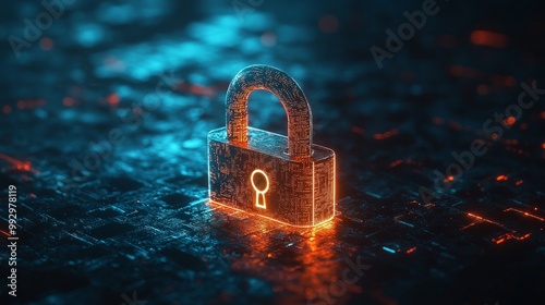 an illuminated padlock on a taxtured blue background representing digital security concept generative ai  photo