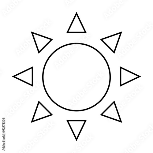 Black outlined sun with a central circle, encircled by eight triangular rays. Ideal for weather graphics, summer promotions, childrens designs, minimalist art, educational materials. Simple line