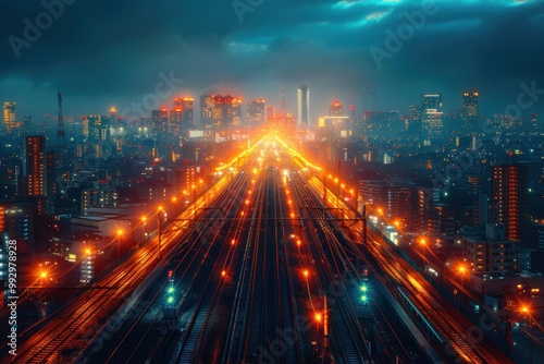 Stunning cityscape at twilight showing illuminated train tracks leading into a vibrant urban skyline with colorful lights and moody clouds