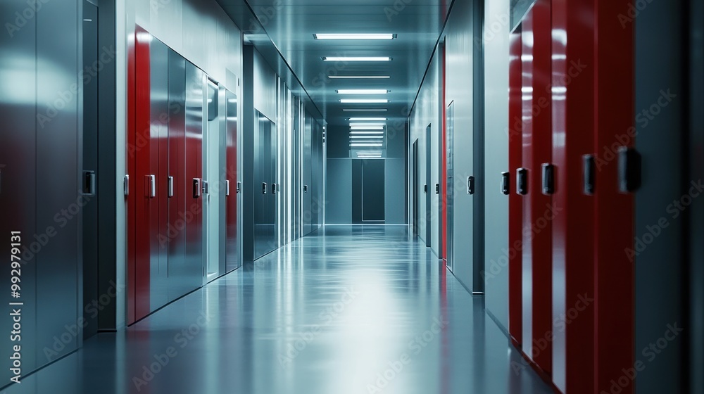 A modern hallway featuring metallic lockers and bright lighting. A modern hallway featuring metallic lockers and bright lighting.