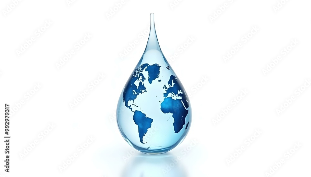Fototapeta premium A water droplet containing earth world globe representing global water resources isolated on a white background