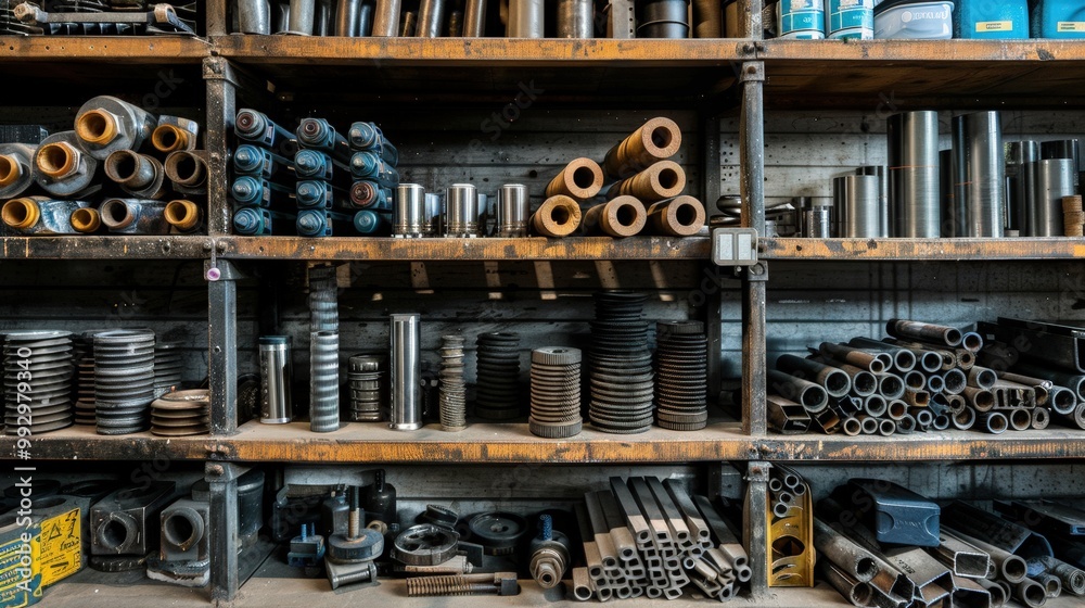Shelves Brimming with Diverse Industrial Components Showcasing the Essence of Manufacturing and Machinery in a Workshop Environment. Shelves Brimming with Diverse Industrial Components Showcasing the Essence of Manufacturing and Machinery in a Workshop Environment.