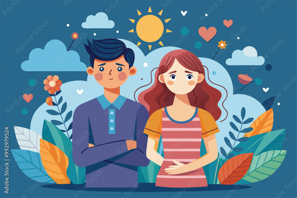 A couple stands together in a colorful garden, surrounded by flowers and foliage, expressing different emotions, Customizable semi-flat illustration for couple stress. A couple stands together in a colorful garden, surrounded by flowers and foliage, expressing different emotions, Customizable semi-flat illustration for couple stress.