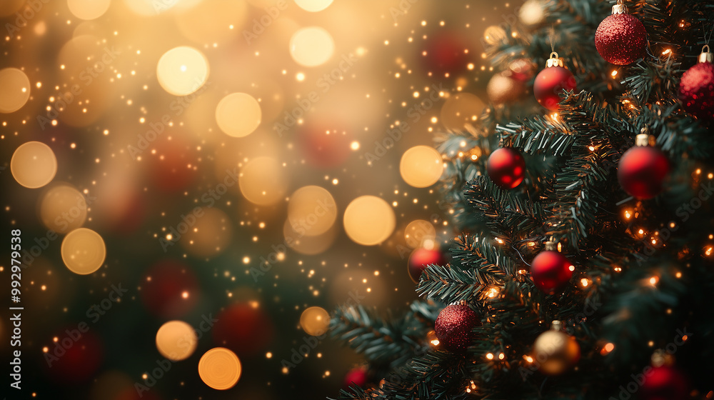 Christmas background. Christmas tree close up with blurred holiday lights, gifts and Christmas backdrops Christmas background. Christmas tree close up with blurred holiday lights, gifts and Christmas backdrops