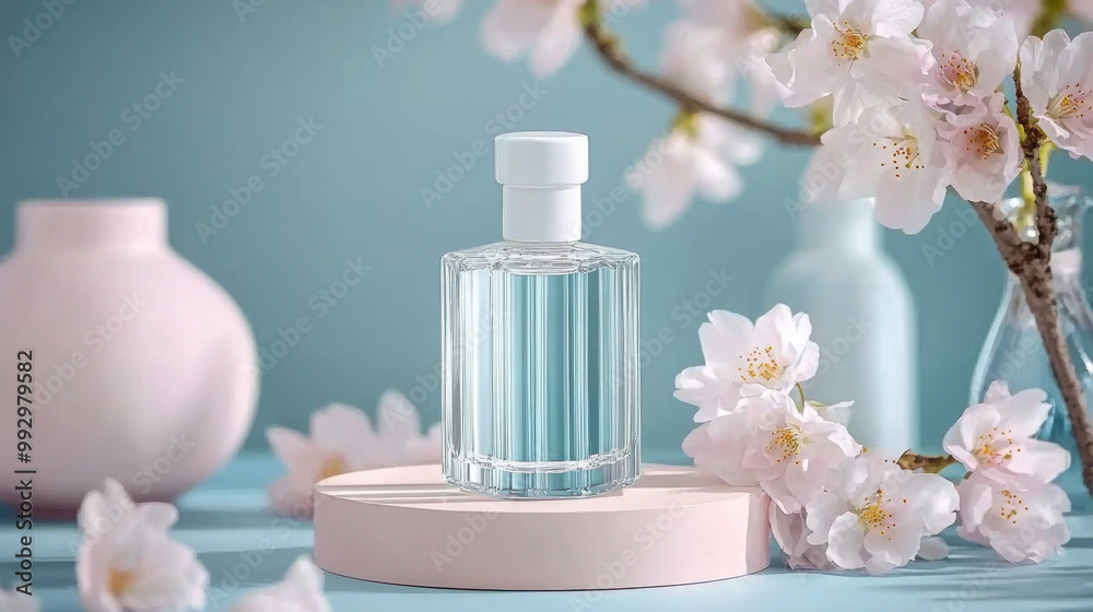 Realistic pink perfume bottle on the catwalk to advertise a perfume brand Realistic pink perfume bottle on the catwalk to advertise a perfume brand