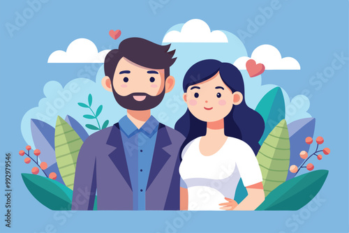A cheerful couple stands together amidst colorful foliage and soft clouds, radiating love and joy, Customizable semi-flat illustration for couples.