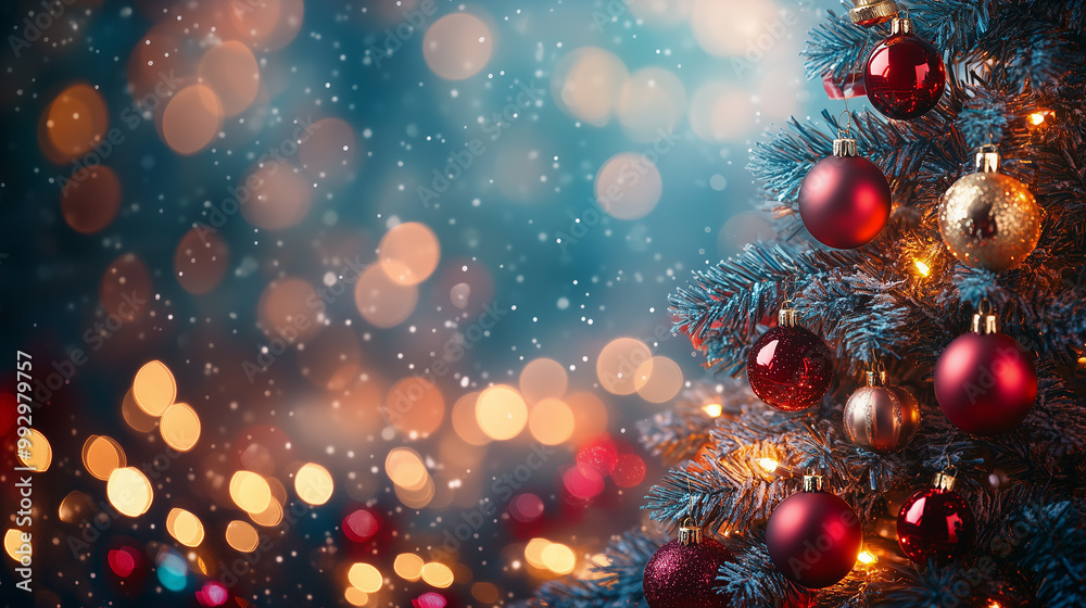 Christmas background. Christmas tree close up with blurred holiday lights, gifts and Christmas backdrops Christmas background. Christmas tree close up with blurred holiday lights, gifts and Christmas backdrops