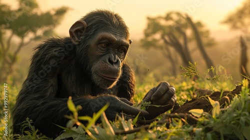 Australopithecus afarensis depicted gathering plant foods in a lush savannah, surrounded by vibrant vegetation and trees, under the soft dawn light, showcasing ancient foraging behavior photo