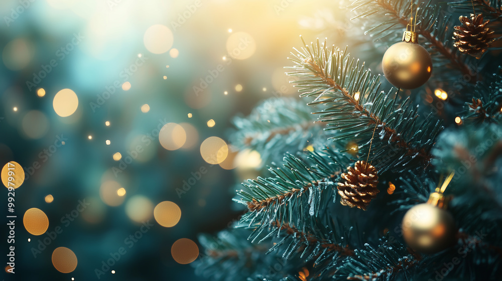 Christmas background. Christmas tree close up with blurred holiday lights, gifts and Christmas backdrops Christmas background. Christmas tree close up with blurred holiday lights, gifts and Christmas backdrops