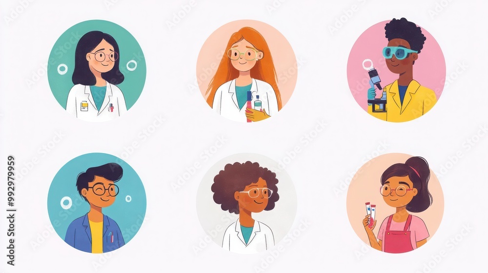a set of illustrated avatars in circular frames showcasing diverse nurses and patients. One nurse wears scrubs holding a stethoscope, a patient has short wavy hair a set of illustrated avatars in circular frames showcasing diverse nurses and patients. One nurse wears scrubs holding a stethoscope, a patient has short wavy hair