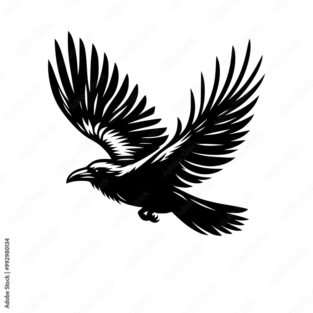 Fototapeta premium Vector logo of a flying raven. black and white illustration of a crow isolated on white background. can be used as a tattoo, emblem, logo.