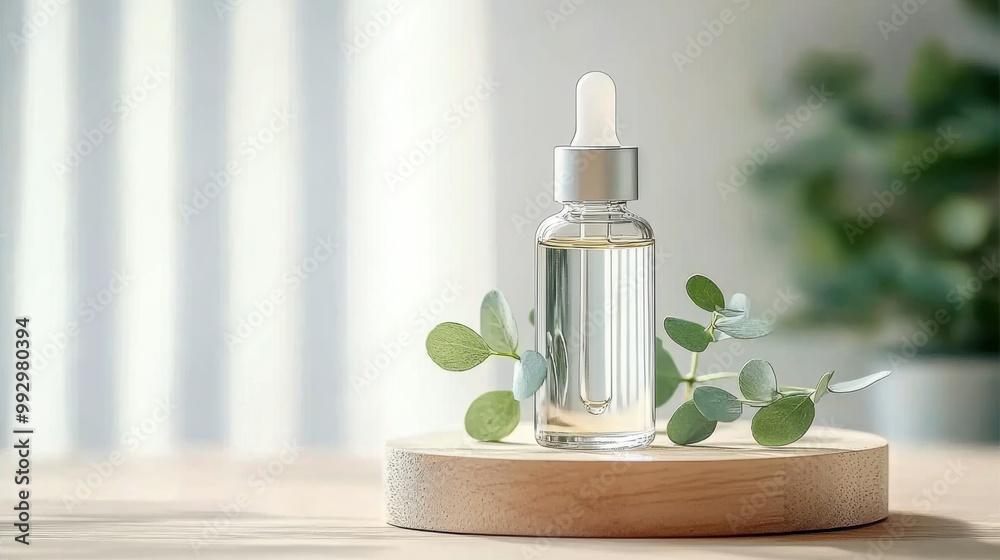 Elegant dropper bottle with essential oil and greenery Elegant dropper bottle with essential oil and greenery