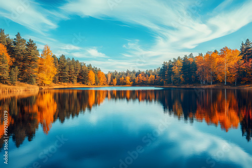 Autumn's vibrant colors reflect in the still lake, creating a breathtaking landscape