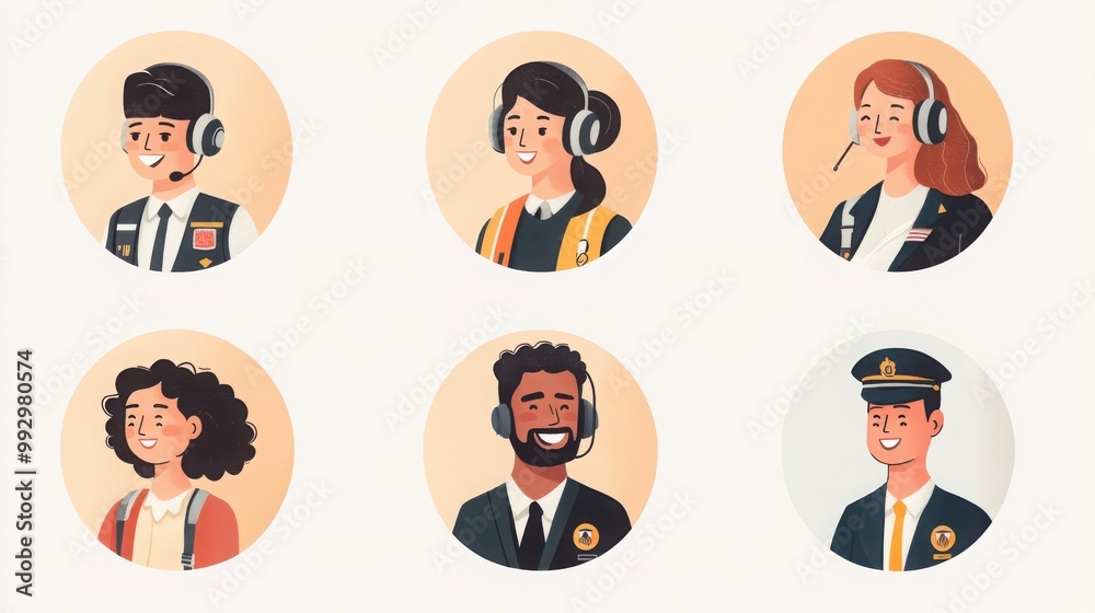 a set of illustrated avatars in circular frames showcasing diverse pilots and passengers. One pilot wears a uniform holding a flight manual, a passenger has short curly hair a set of illustrated avatars in circular frames showcasing diverse pilots and passengers. One pilot wears a uniform holding a flight manual, a passenger has short curly hair
