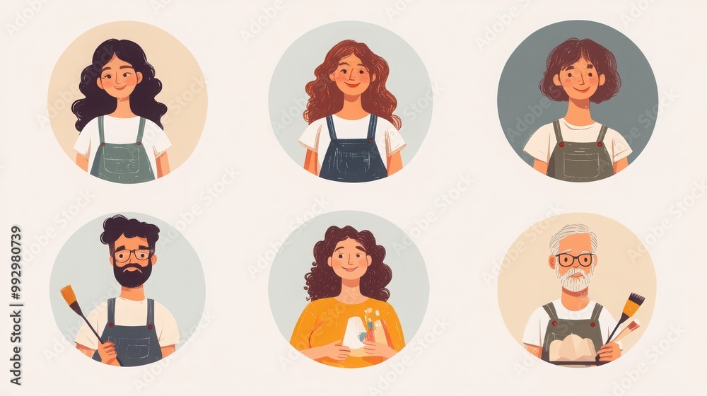 a set of illustrated avatars in circular frames showcasing diverse artists and gallery visitors. One artist wears overalls holding a paintbrush, a visitor has long curly hair a set of illustrated avatars in circular frames showcasing diverse artists and gallery visitors. One artist wears overalls holding a paintbrush, a visitor has long curly hair