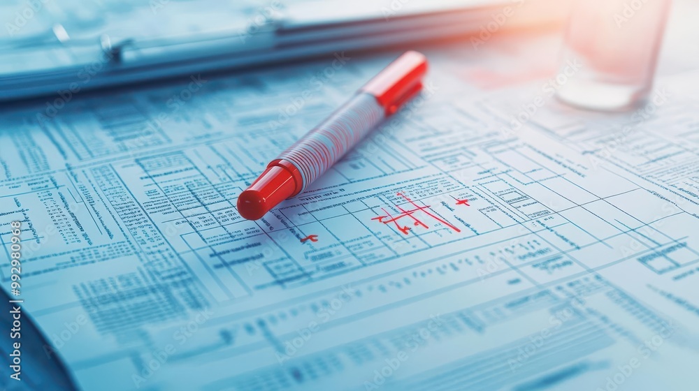 Tax forms with red marker indicating errors, 3D illustration