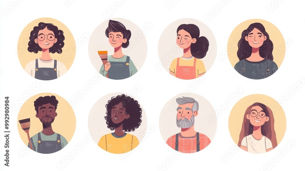 a set of illustrated avatars in circular frames showcasing diverse artists and gallery visitors. One artist wears overalls holding a paintbrush, a visitor has long curly hair a set of illustrated avatars in circular frames showcasing diverse artists and gallery visitors. One artist wears overalls holding a paintbrush, a visitor has long curly hair