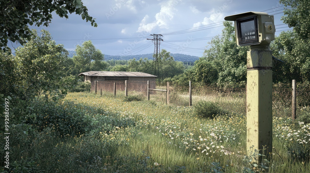 A serene rural scene featuring a weathered building, power lines, and a vintage meter. A serene rural scene featuring a weathered building, power lines, and a vintage meter.
