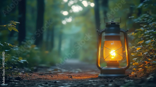 vintage lantern illuminating a tranquil path in a serene forest photo